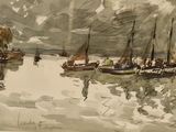 a painting of a group of boats on a body of water