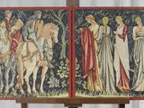 two panels of a tapestry with a woman on a horse and a man on a horse