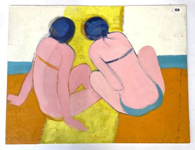 un tableau représentant deux personnes assises sur une plage