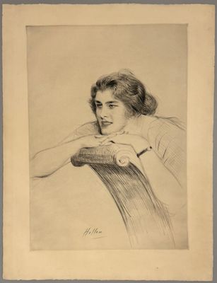 un vieux dessin représentant une femme assise sur une chaise, la main posée sur le menton
