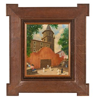 an oil painting of a church with a clock tower in the background
