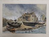 a picture of a painting of boats on the beach