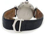 a close up of a watch on a black leather strap