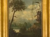 une peinture à l'huile représentant un paysage avec un moulin à vent et une rivière