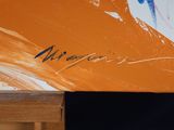 a close up of a painting of a person on a surfboard