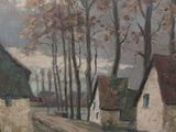 tableau représentant une route de campagne avec des maisons et des arbres en arrière-plan