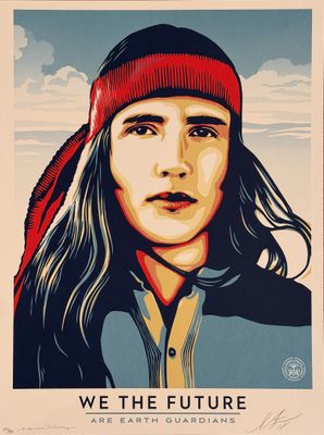 a poster of a man with long hair wearing a red hat