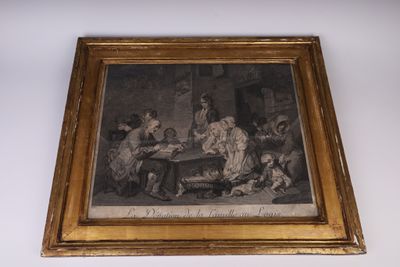 peinture d'un groupe de personnes assises autour d'une table dans une pièce