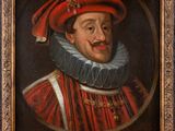 a painting of a man wearing a red hat and a red dress