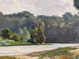 a painting of a river with trees in the background