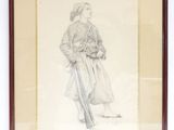 dessin représentant un homme en manteau et chapeau, tenant un fusil