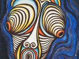 a painting of a woman ' s face with a swirly pattern on it