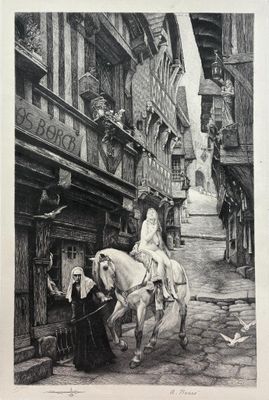 drawing of a woman riding a horse down a cobblestone street