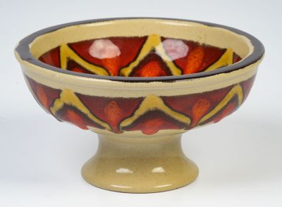 a red and yellow bowl sitting on top of a white table