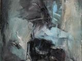 an oil painting of a dog with an umbrella in a room