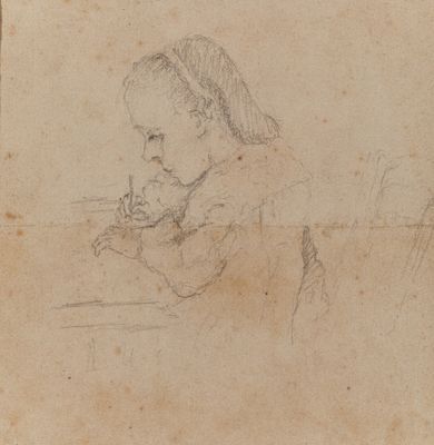 un vieux dessin représentant un enfant assis à une table, une bouteille à la main