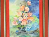 a painting of flowers in a vase on a table