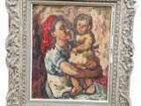 an oil painting of a woman holding a child in her arms