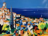 a painting of a painting of a village by the ocean