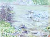 l'image d'une peinture représentant une rivière avec une maison à l'arrière-plan