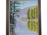 an oil painting of a lake with trees and mountains in the background