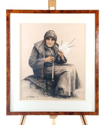 painting of an old woman sitting on a stool with a cane