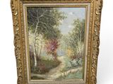 a painting of a path in a wooded area with trees
