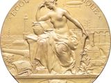 an image of a gold medal with a woman sitting on a bench