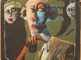 a picture of a painting of a man with three faces on it