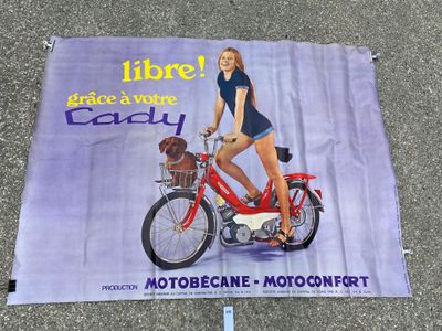 a poster of a woman riding a bike with a dog on the back