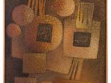 peinture représentant des formes et des couleurs abstraites sur un fond marron