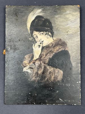 tableau représentant une femme en manteau de fourrure en train de parler au téléphone portable