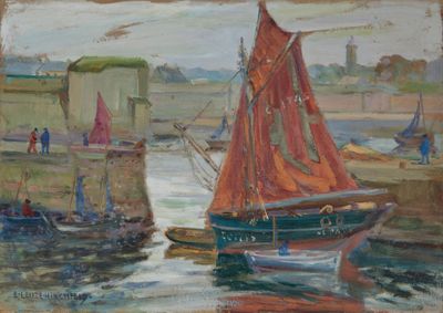 a painting of a red sailboat in the water