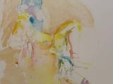 a watercolor painting of a woman sitting on a chair