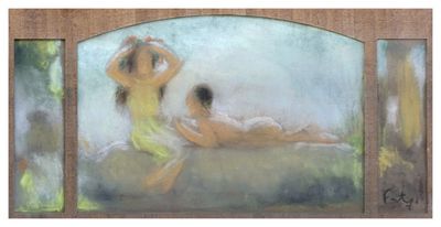 painting of two women sitting on a bed in front of a mirror