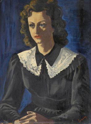 portrait d'une femme en robe noire à col blanc