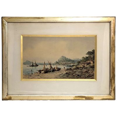 framed picture of a painting of boats on the water near a shore