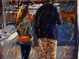 painting of people walking in the rain with umbrellas in the city