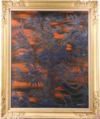 an oil painting of a tree with blue leaves in a gold frame