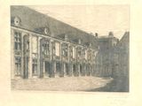drawing of a large building with a clock on the top of it