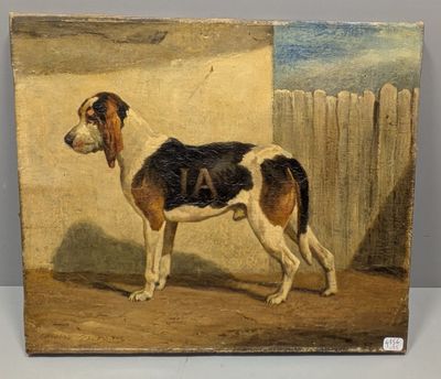 une peinture à l'huile représentant un chien debout devant une clôture