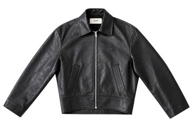 a black leather jacket on a white background