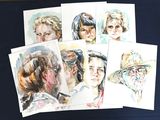 six watercolor portraits of women in hats on a blue background