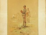 an old picture of a man in uniform standing in a field