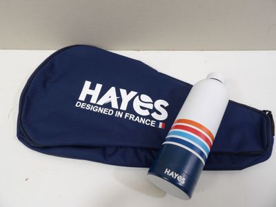 a blue bag with a bottle of water next to it
