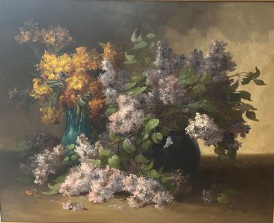 a painting of flowers in a vase on a table