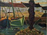 un tableau représentant un homme debout à côté d'un bateau dans l'eau