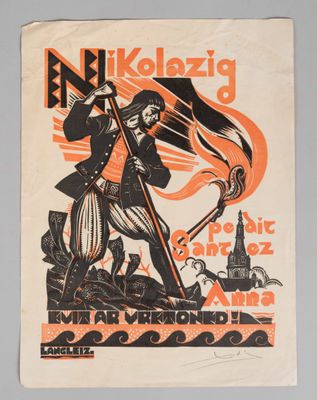 une vieille affiche représentant un homme tenant un drapeau