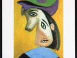 painting of a woman with a purple hat and a blue shirt