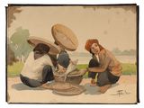 tableau représentant un groupe de femmes assises par terre en train de préparer un repas